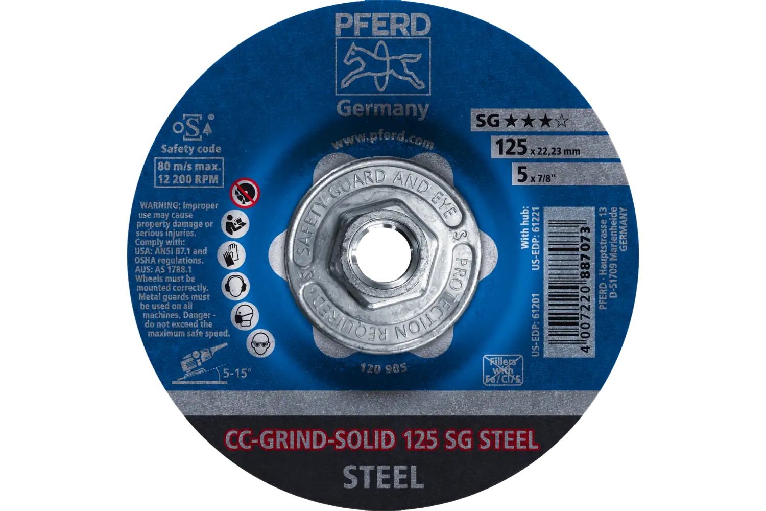 Picture of Pferd Grinding disc, CC-Grind®-Solid, 5" x 5/8-11, SG Steel, Ceramic